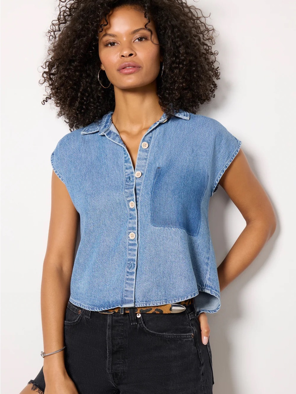 Cloth and Stone Reworked Denim Short Sleeve Shirt